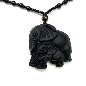 Black Obsidian Elephant Pendant Necklace Beaded Lucky Amulet Spiritual Jewelry